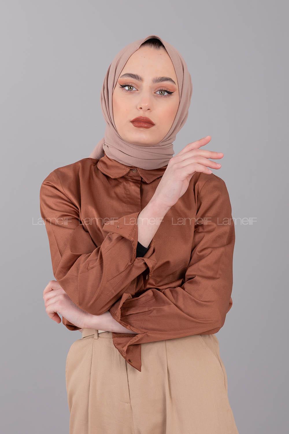 Modalamelif Önü Gizli Düğmeli Gömlek Kahverengi