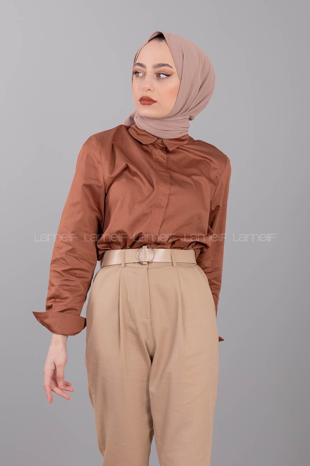 Modalamelif Önü Gizli Düğmeli Gömlek Kahverengi