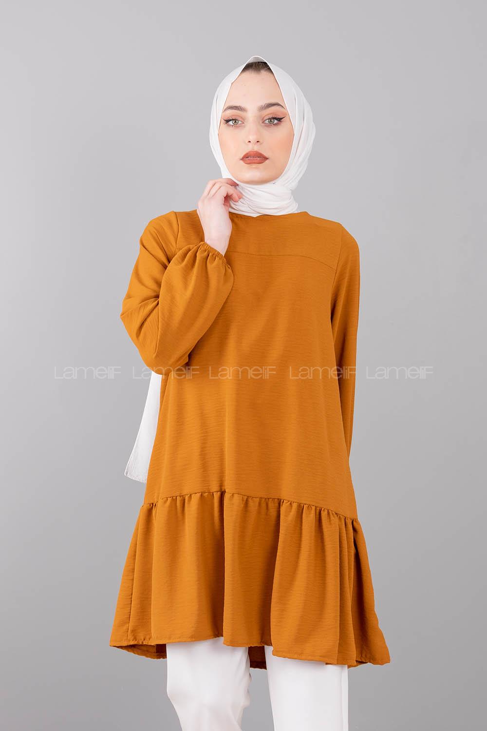 Modalamelif Kol Lastikli Eteği Fırfırlı Tunik Camel