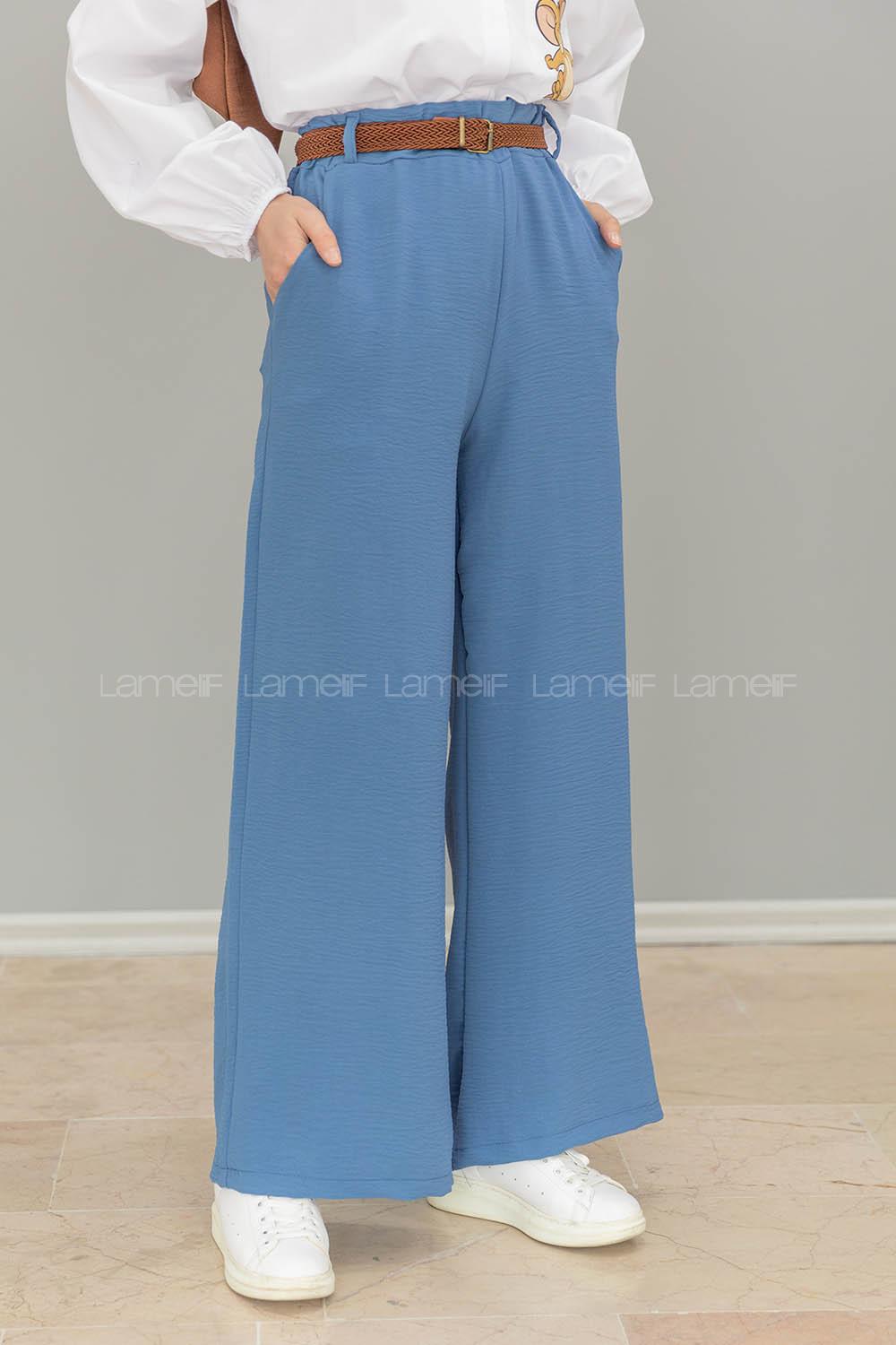 Modalamelif Hasır Kemerli Ayrobin  Pantalon İndigo