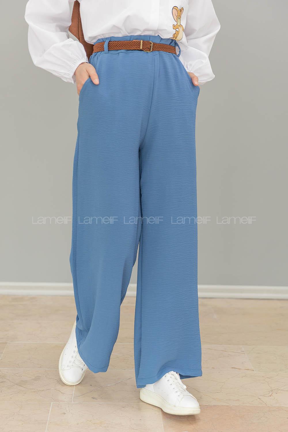 Modalamelif Hasır Kemerli Ayrobin  Pantalon İndigo