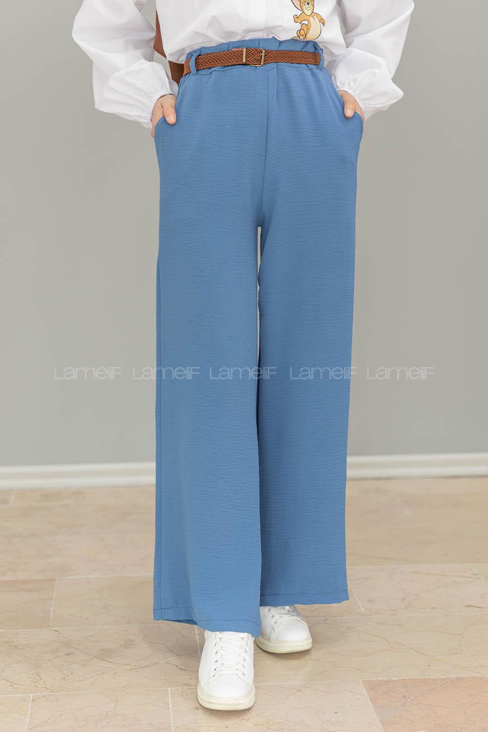 Modalamelif Hasır Kemerli Ayrobin  Pantalon İndigo