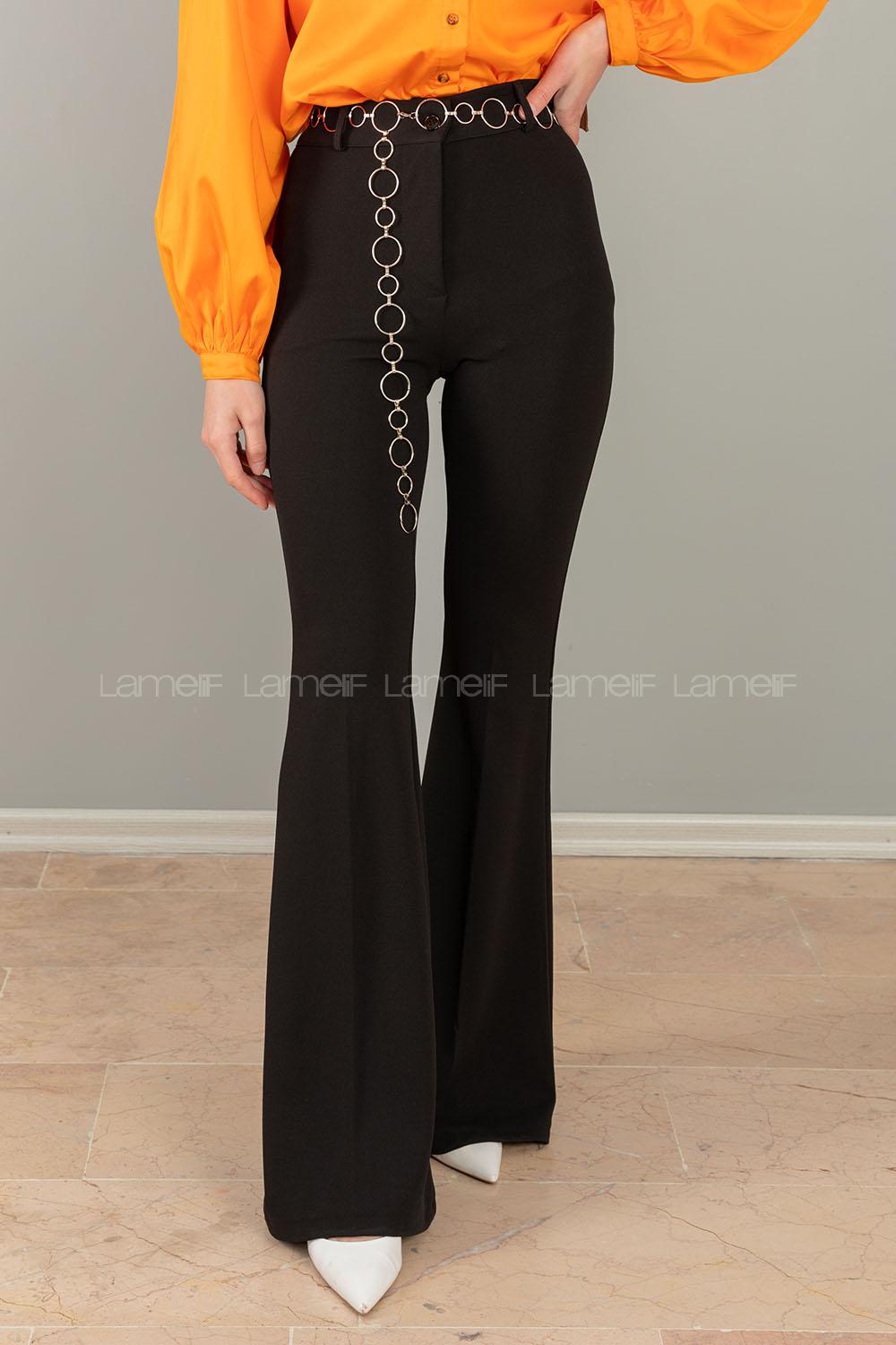 Modalamelif Zincirli İspanyol Paça Pantolon Siyah