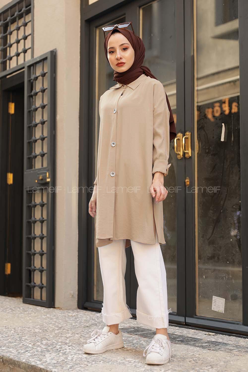 Modalamelif Büyük Düğmeli Yanları Yırtmaçlı Gömlek Bej