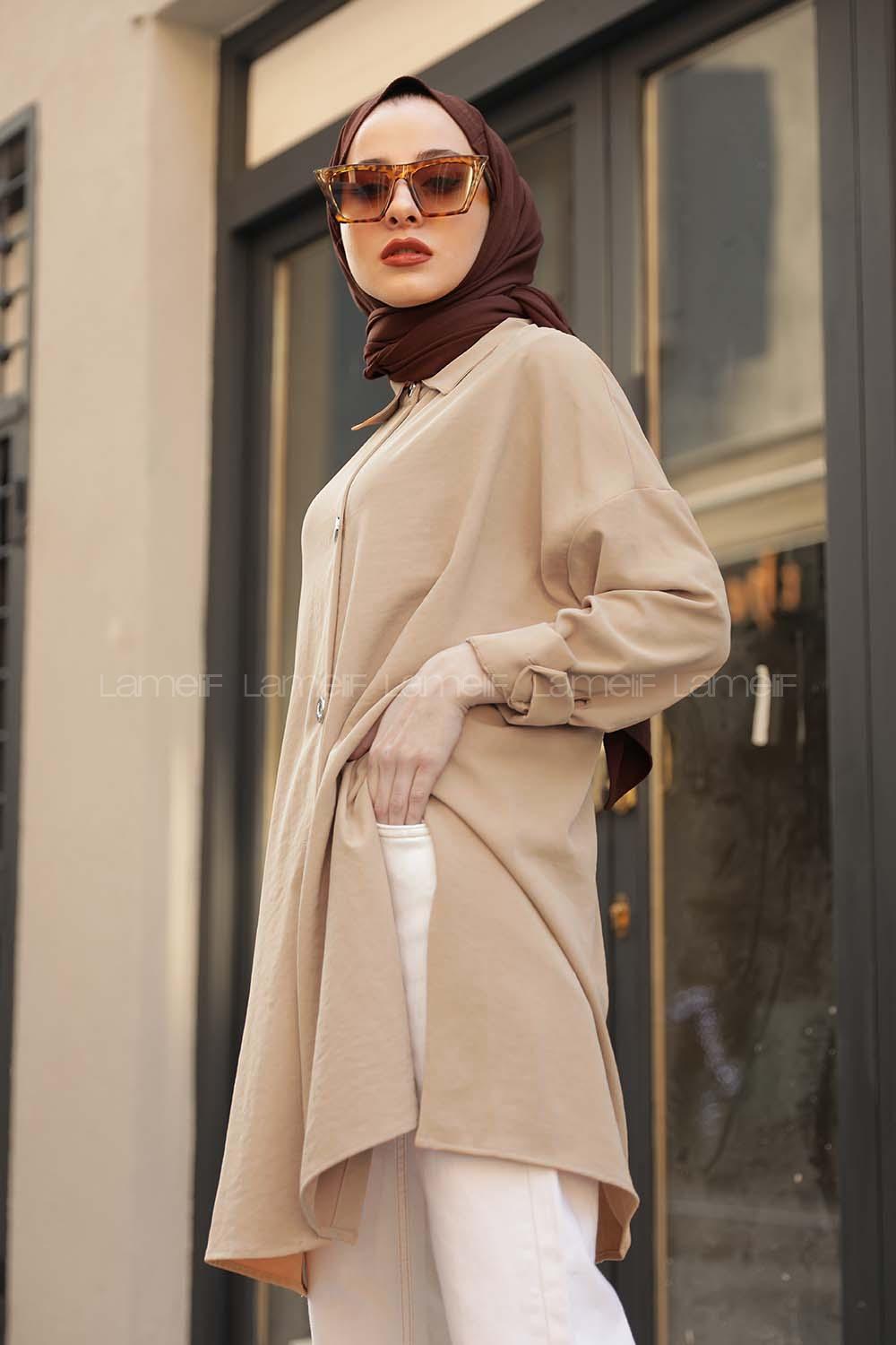 Modalamelif Büyük Düğmeli Yanları Yırtmaçlı Gömlek Bej