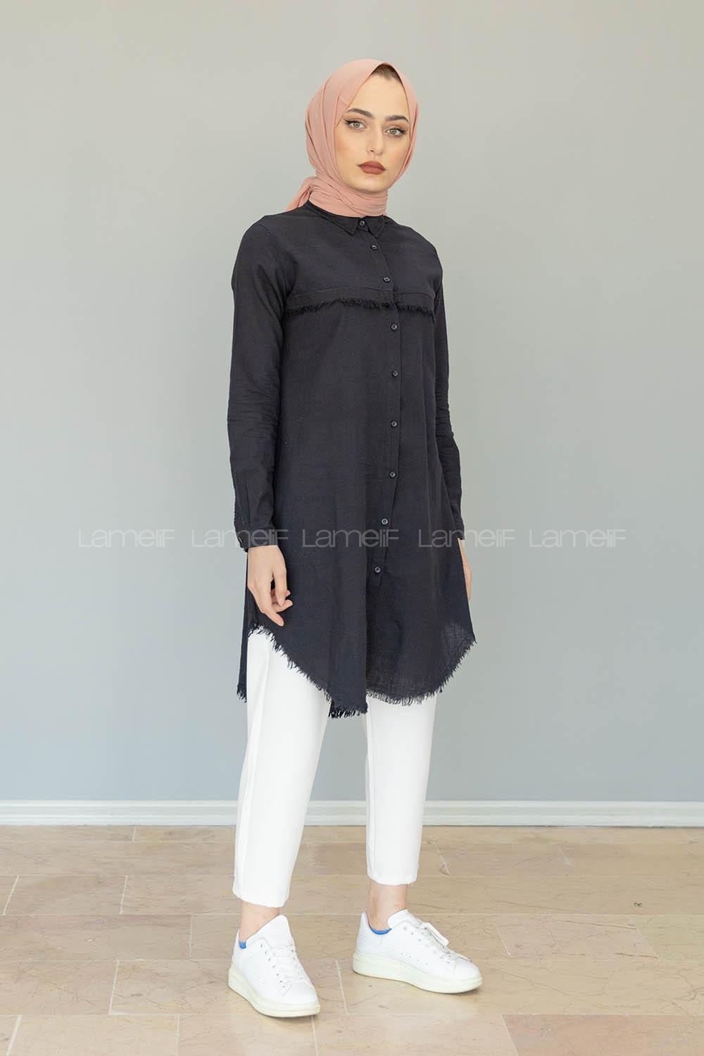 Modalamelif Eteği Saçaklı Gömlek Siyah