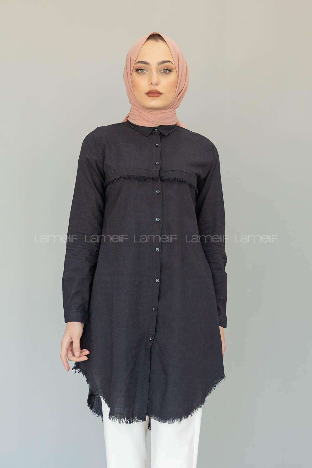 Modalamelif Eteği Saçaklı Gömlek Siyah