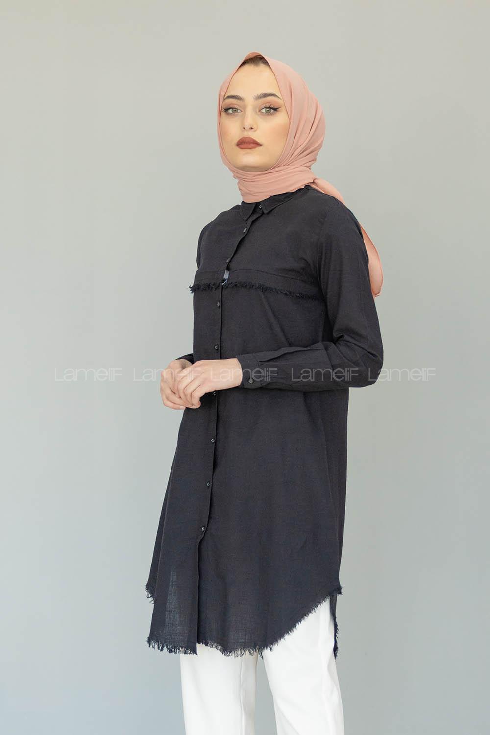 Modalamelif Eteği Saçaklı Gömlek Siyah