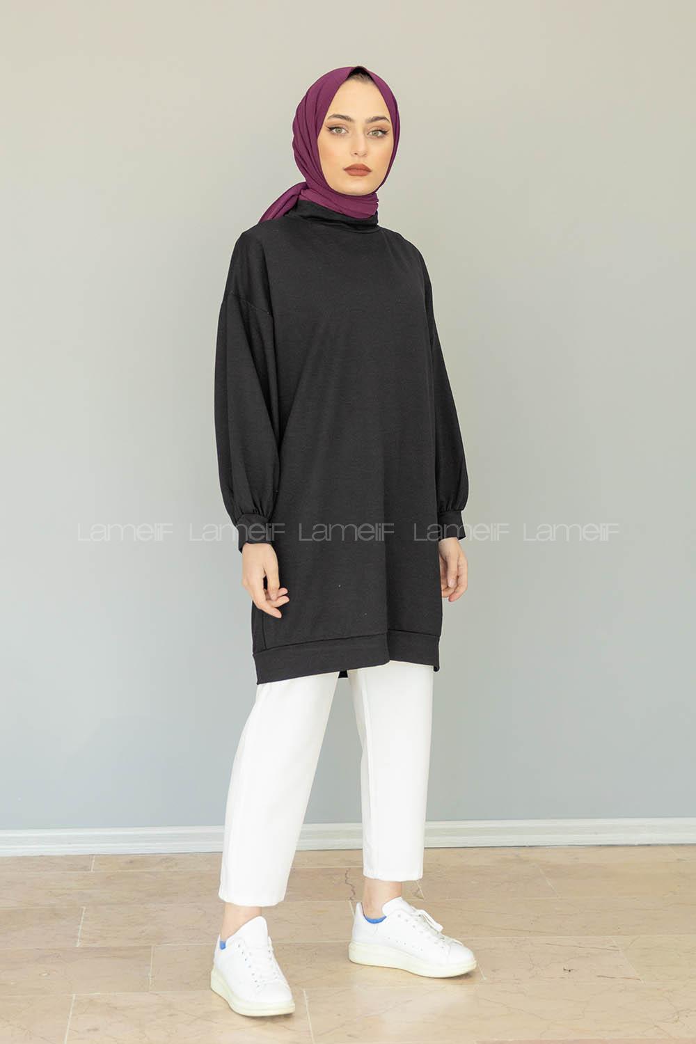 Modalamelif İki İplik Balon Kol Tunik Siyah