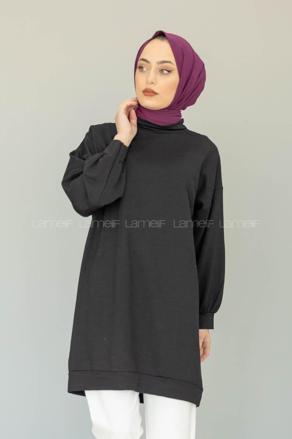 Modalamelif İki İplik Balon Kol Tunik Siyah