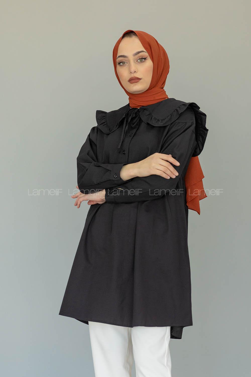 Modalamelif Katlı Yaka Tunik Siyah