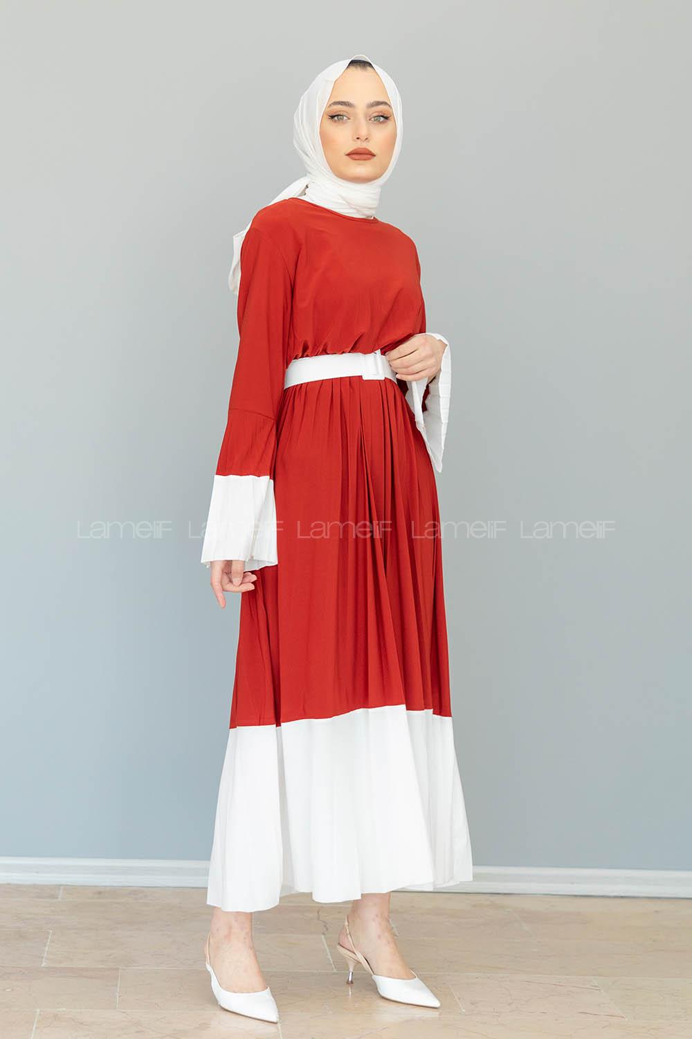 Modalamelif Kiremit Çingene Model Beyaz Geçişli Kemerli Elbise