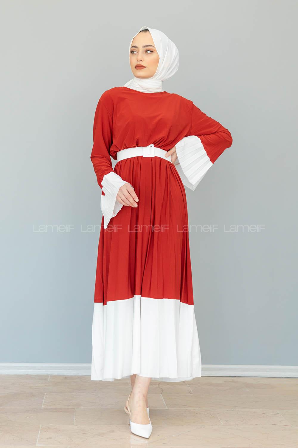 Modalamelif Kiremit Çingene Model Beyaz Geçişli Kemerli Elbise