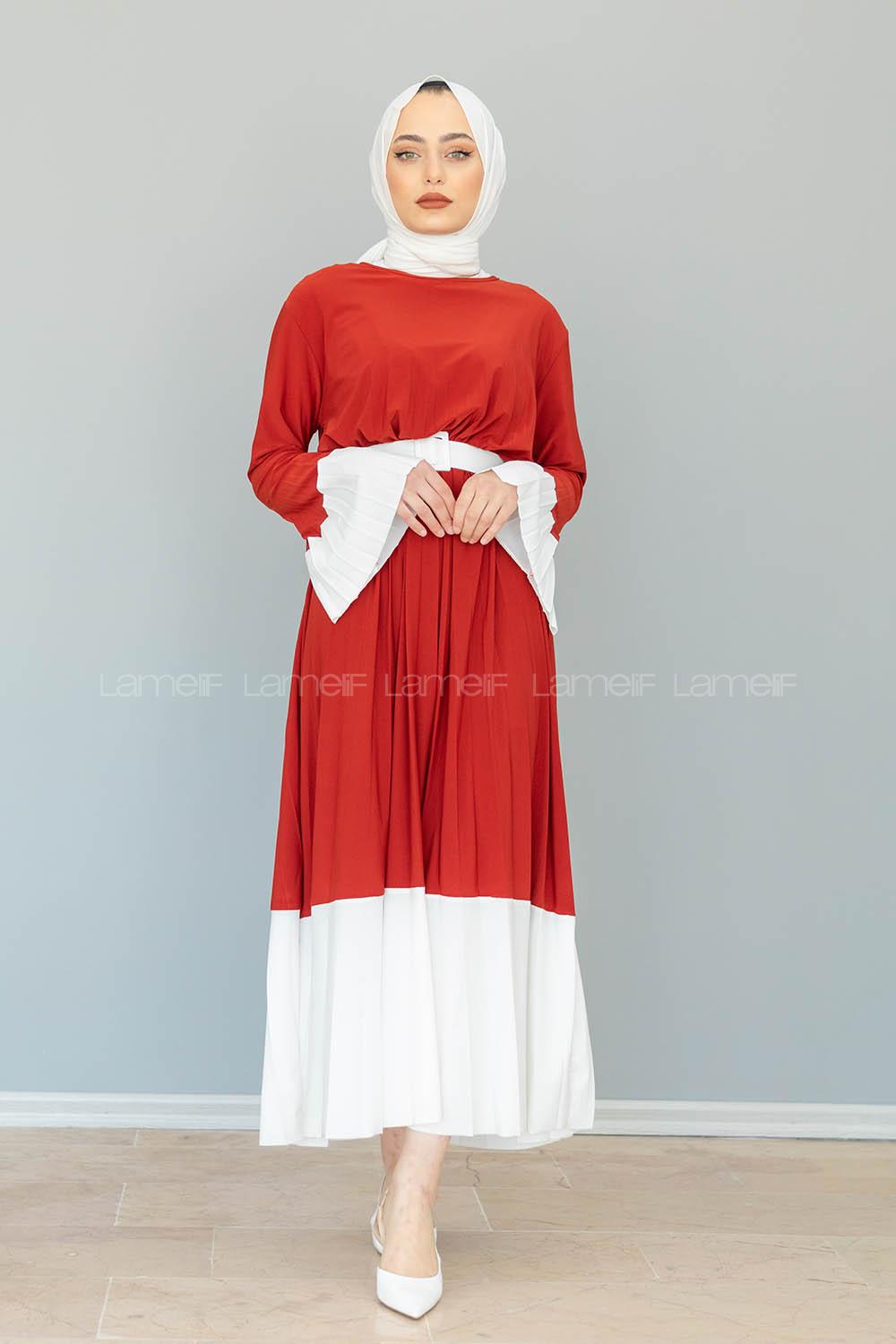 Modalamelif Kiremit Çingene Model Beyaz Geçişli Kemerli Elbise