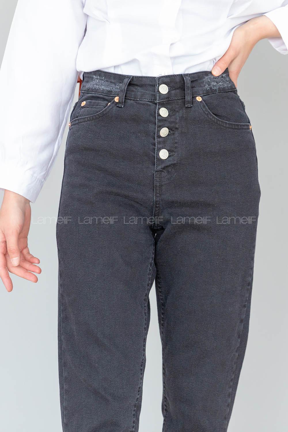 Modalamelif Önü Düğmeli  Bel Ve Paça Yırtıklı Mom Jean Siyah