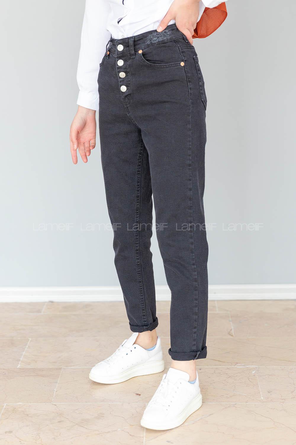 Modalamelif Önü Düğmeli  Bel Ve Paça Yırtıklı Mom Jean Siyah