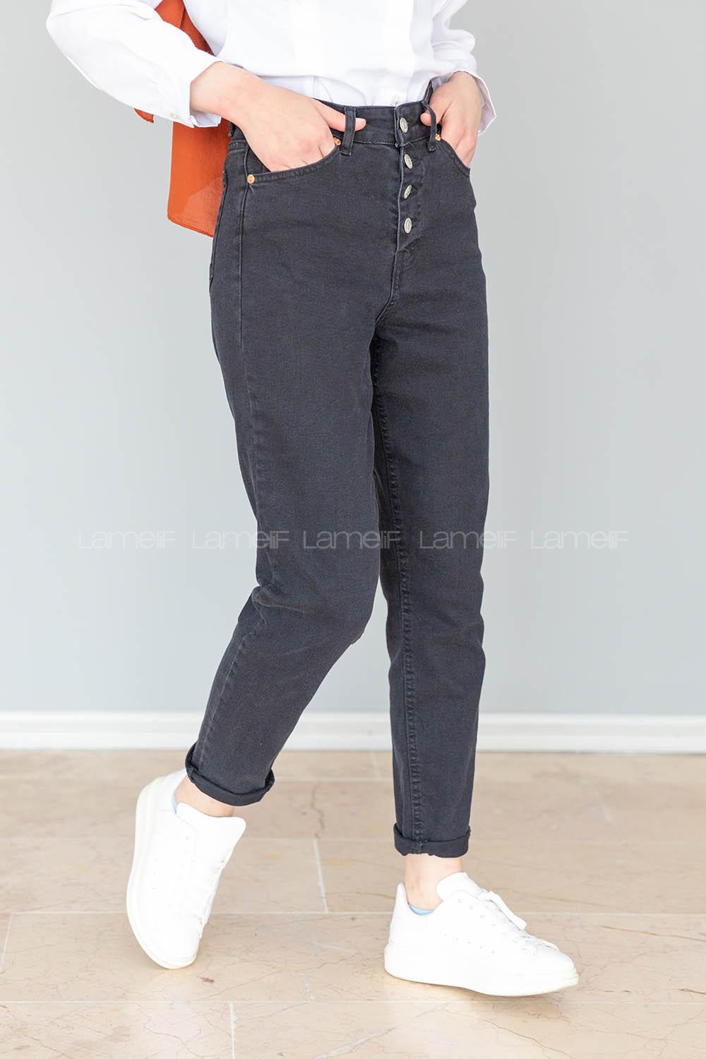 Modalamelif Önü Düğmeli  Bel Ve Paça Yırtıklı Mom Jean Siyah