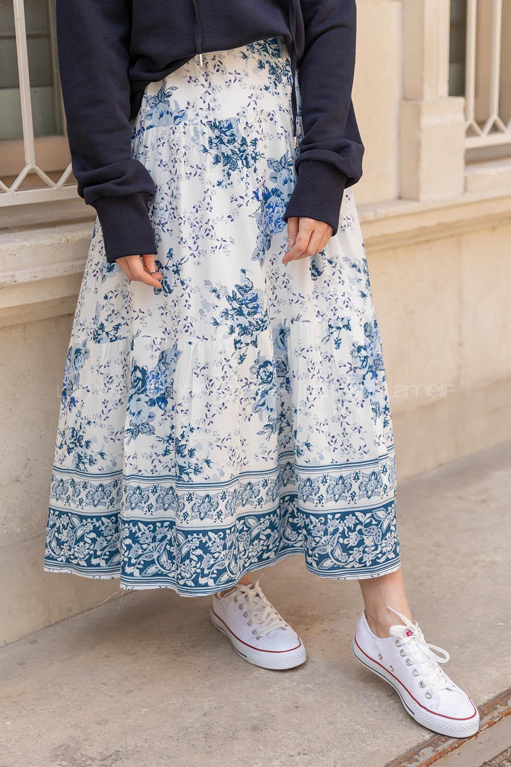 Modalamelif Beli Lastikli Desenli Çan Etek Ekru