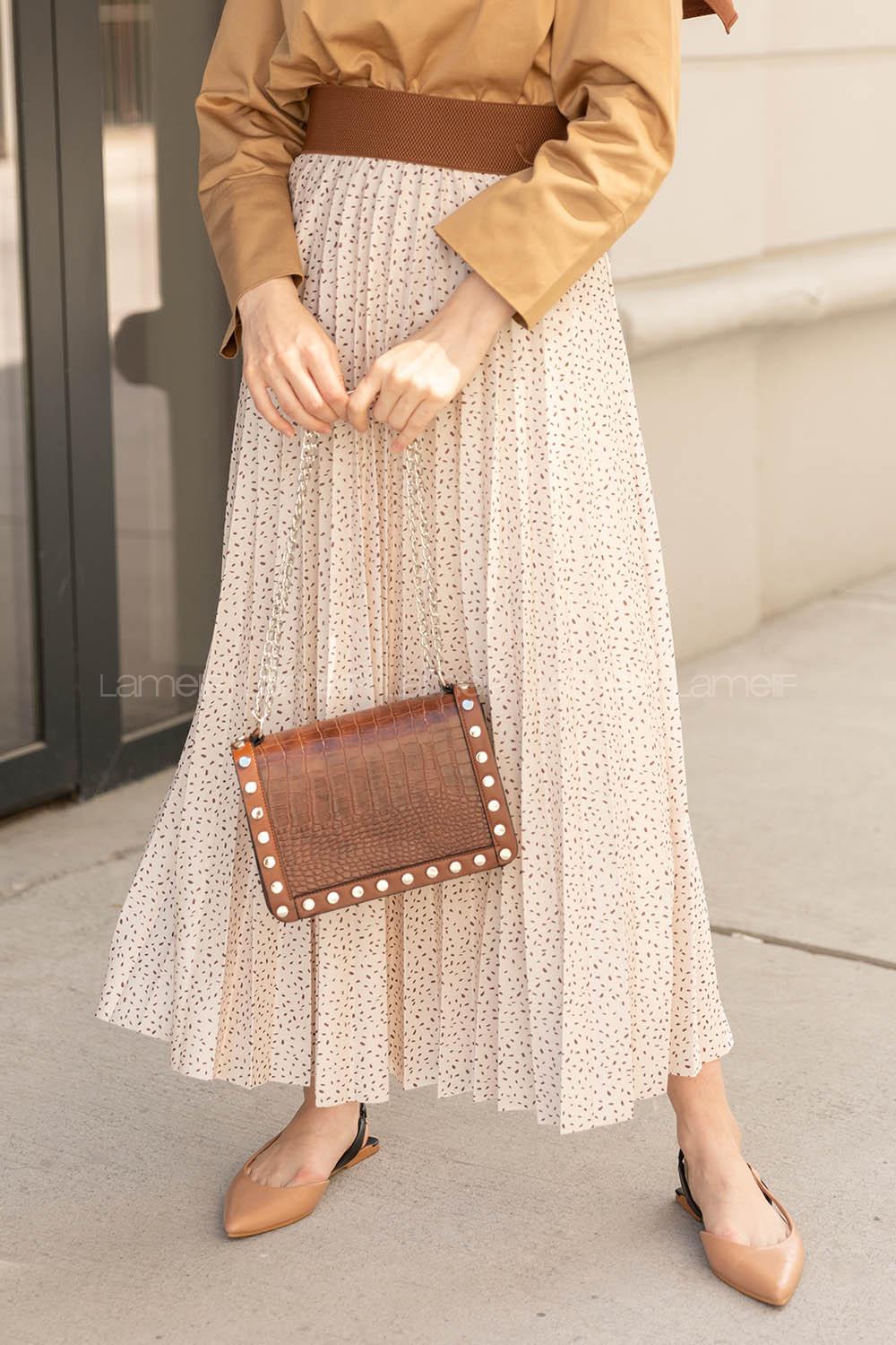 Modalamelif Beli Lastikli Desenli Etek Bej