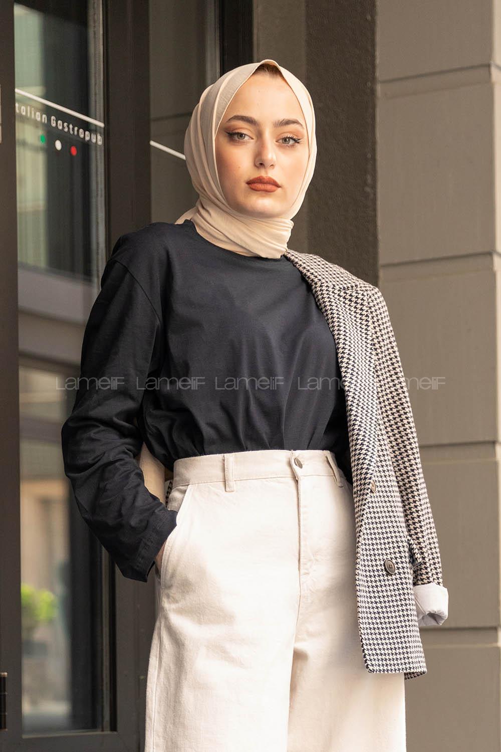 Modalamelif Düz Renk Uzun Kollu T-Shirt Lacivert