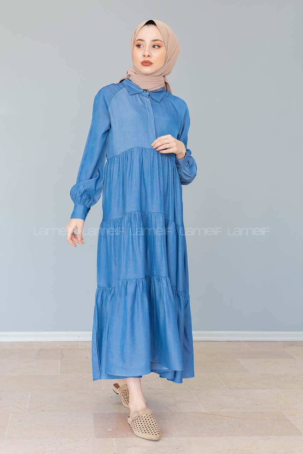 Modalamelif Gömlek Yaka Katlı Elbise Turkuaz