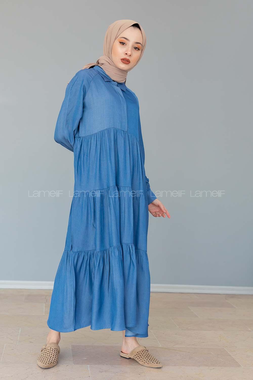 Modalamelif Gömlek Yaka Katlı Elbise Turkuaz