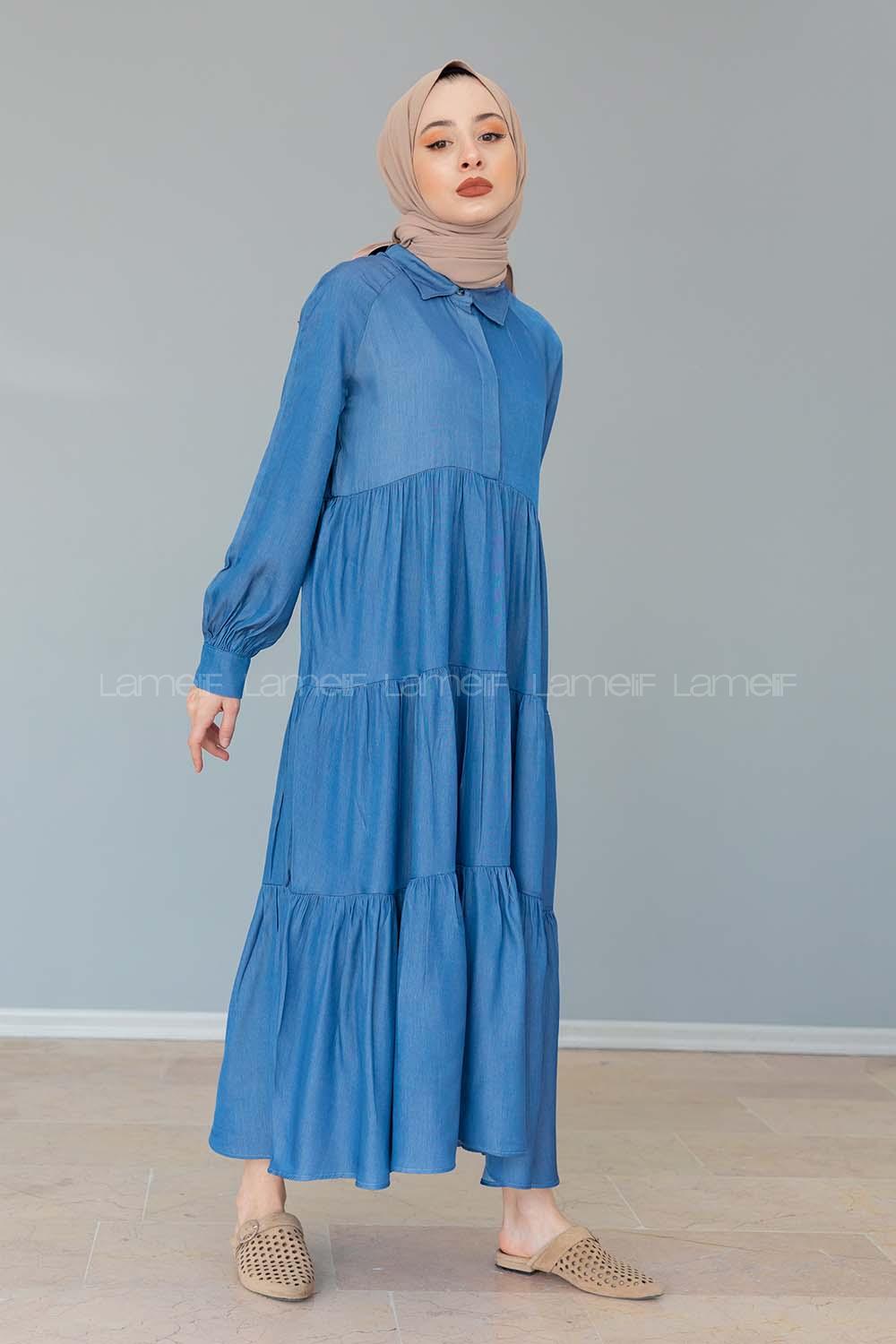 Modalamelif Gömlek Yaka Katlı Elbise Turkuaz