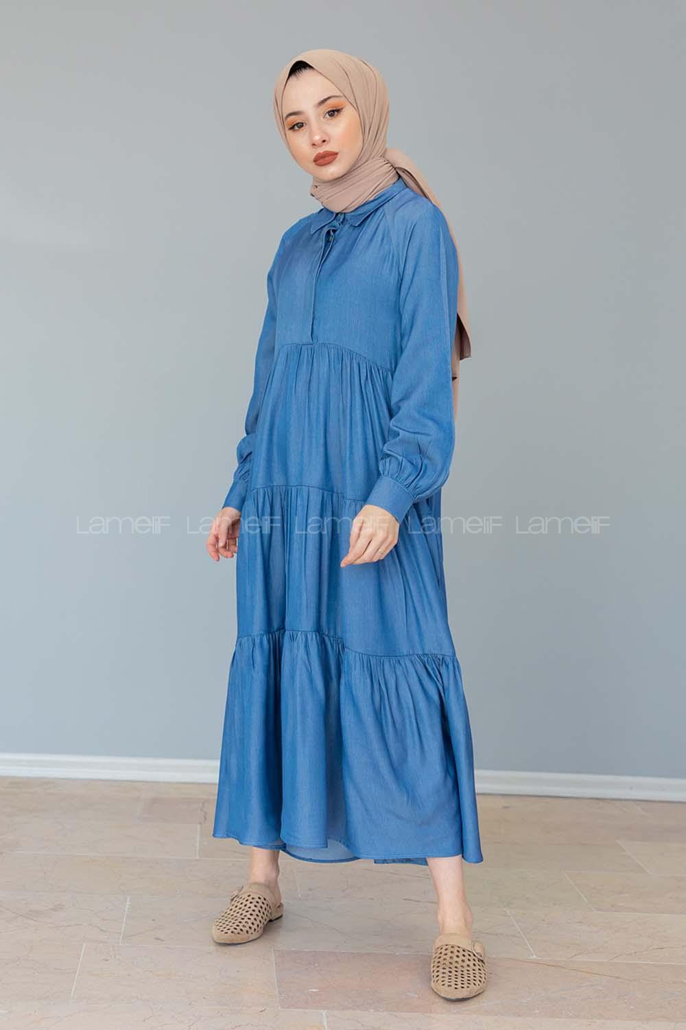 Modalamelif Gömlek Yaka Katlı Elbise Turkuaz