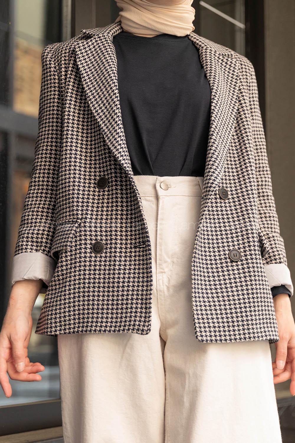 Modalamelif Kazayağı Desen Ceket  Gri