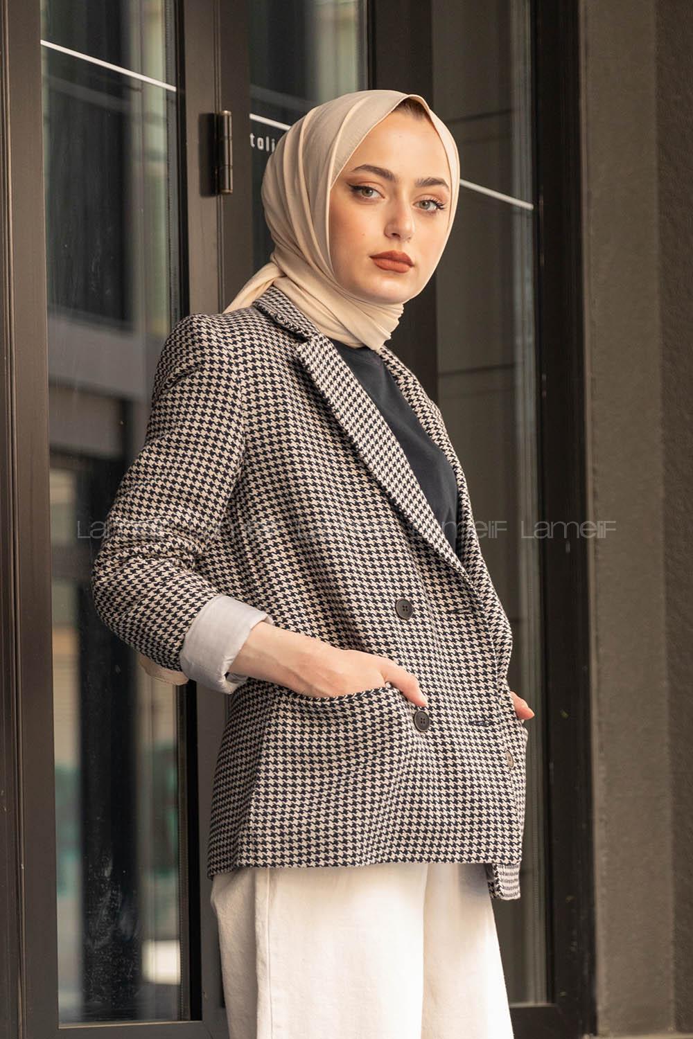 Modalamelif Kazayağı Desen Ceket  Gri