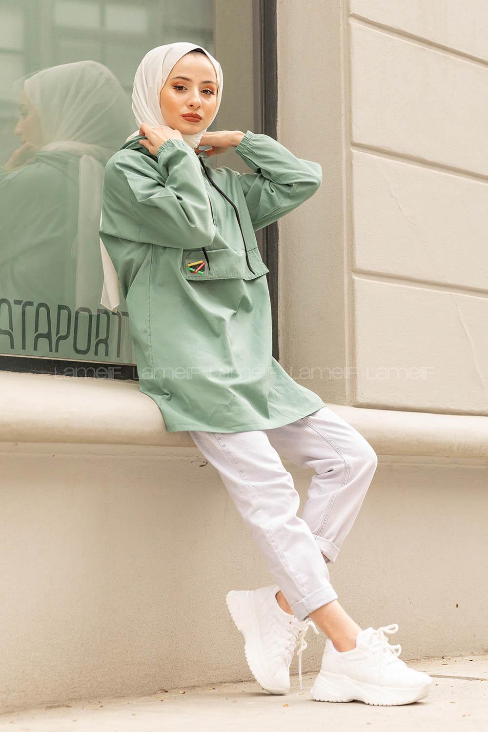 Modalamelif  Arma Baskılı Kapşonlu Tunik Çağla Yeşili