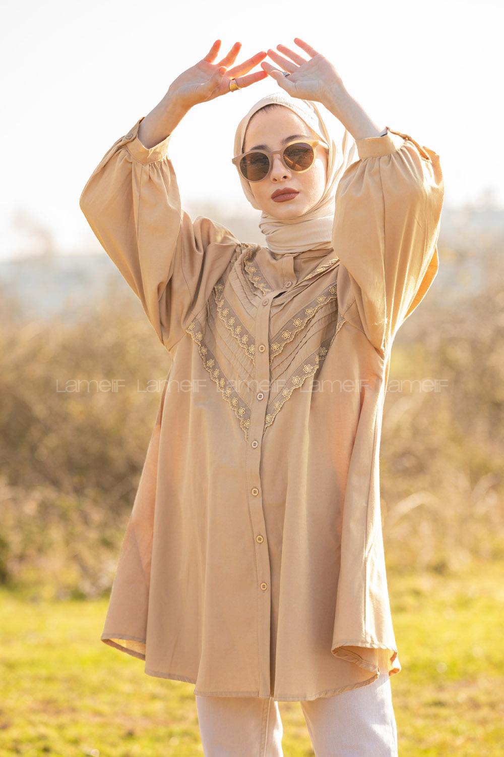 Modalamelif Balon Kol Gipeli Gömlek Tunik Sütlü Kahve