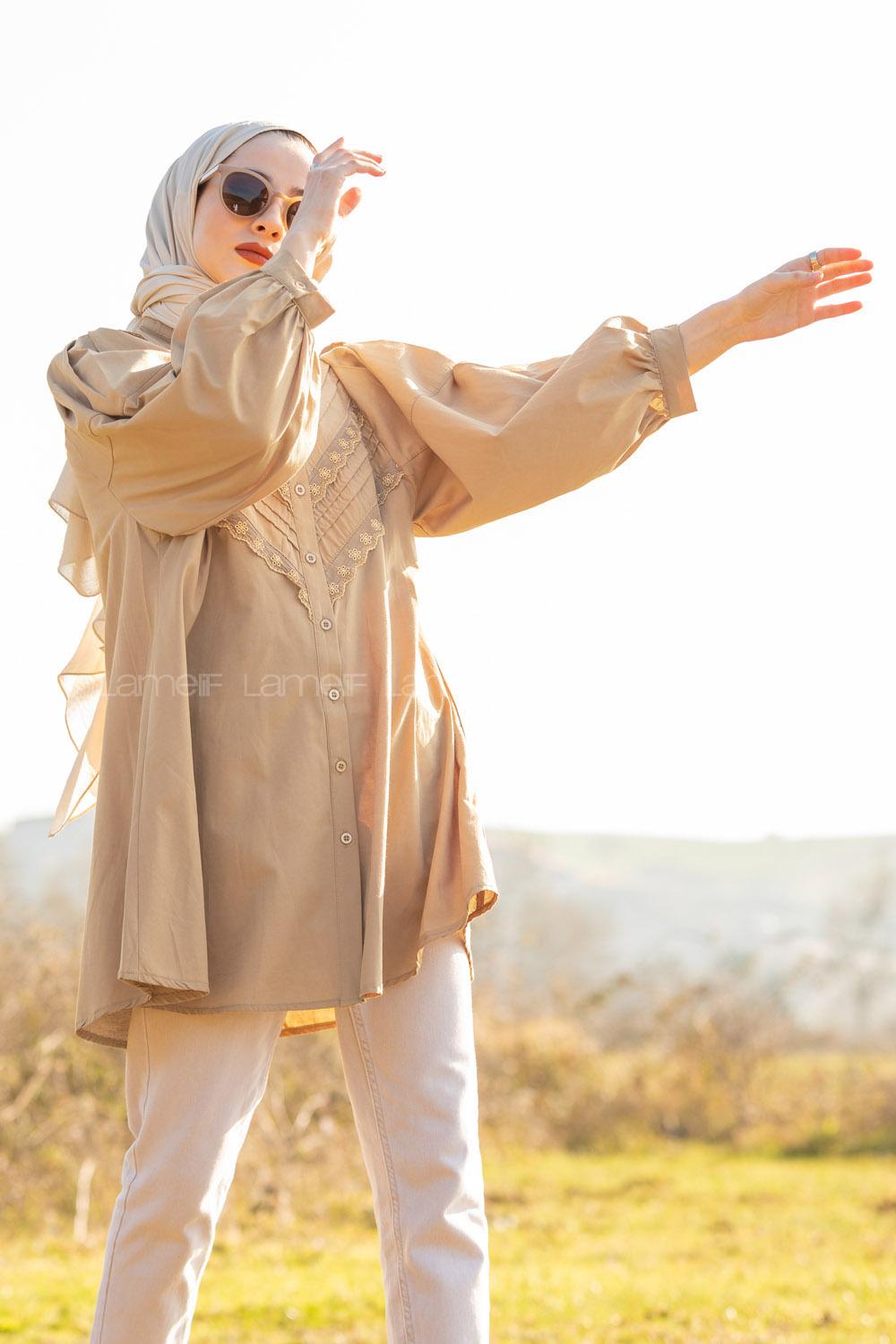 Modalamelif Balon Kol Gipeli Gömlek Tunik Sütlü Kahve