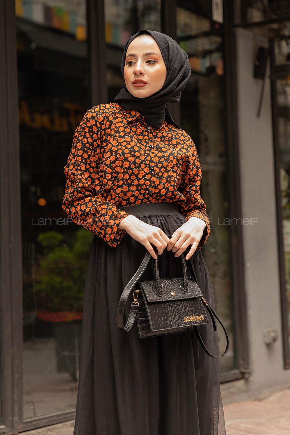 Modalamelif Çiçek Desen Gömlek Siyah