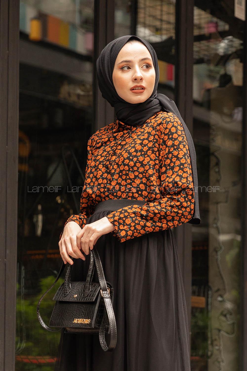 Modalamelif Çiçek Desen Gömlek Siyah