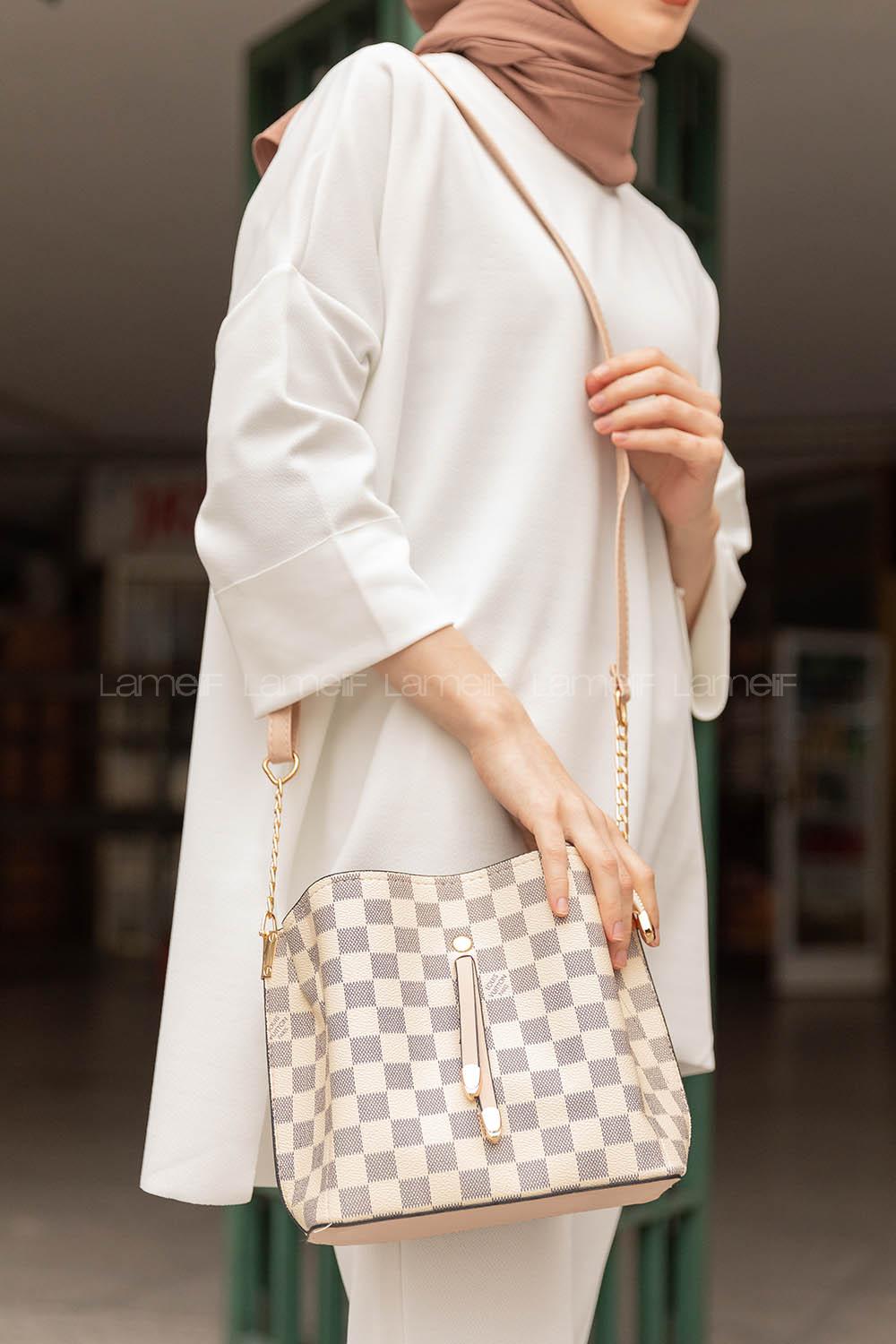 Modalamelif Çapraz Kadın Çanta Oriel Dama Desen  Krem