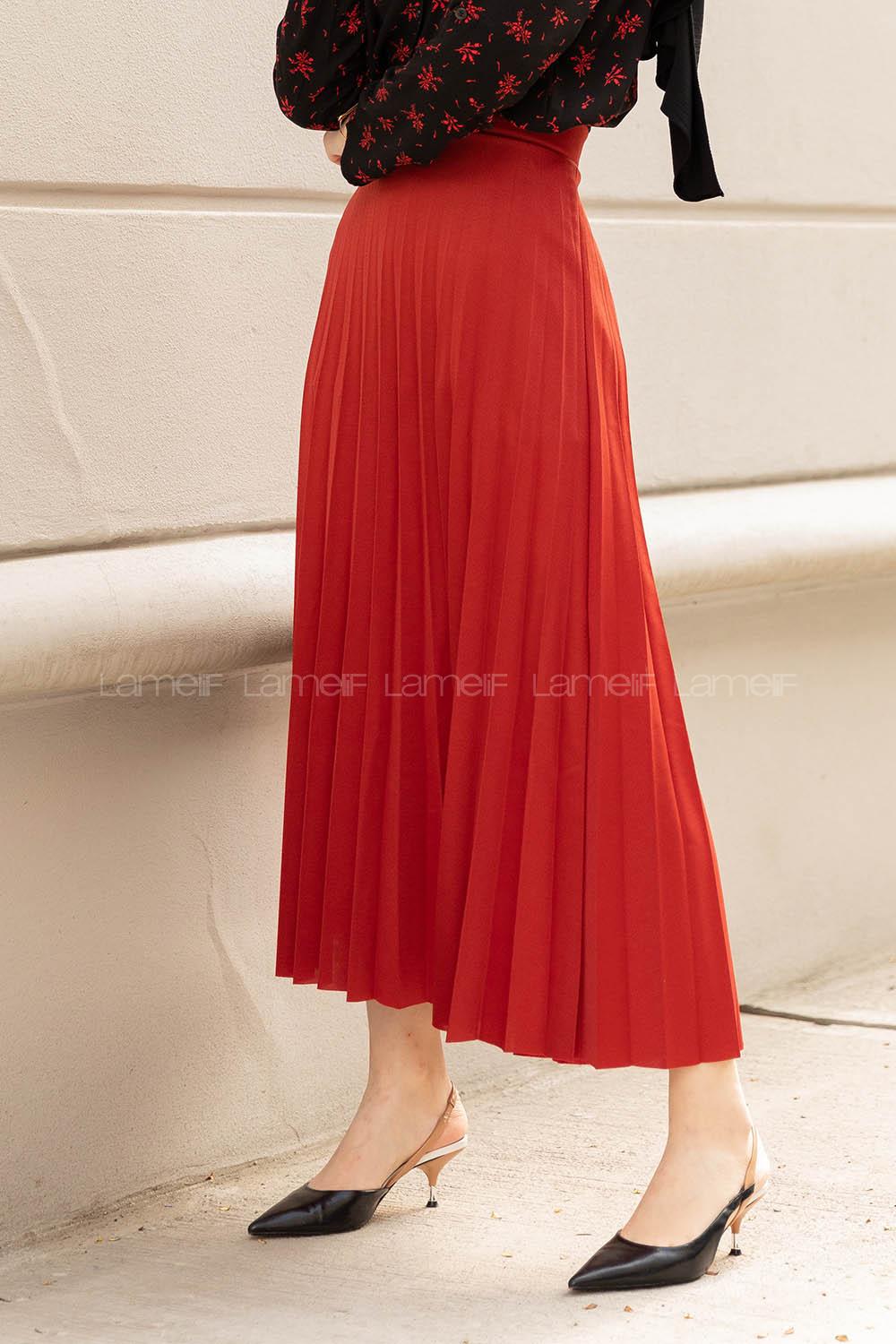 Modalamelif Mira Kumaş Koyu Kiremit Pliseli Etek