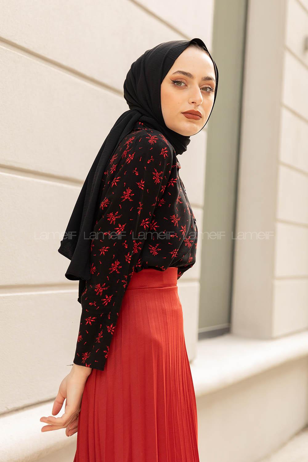 Modalamelif Yaprak Desen Gömlek Siyah