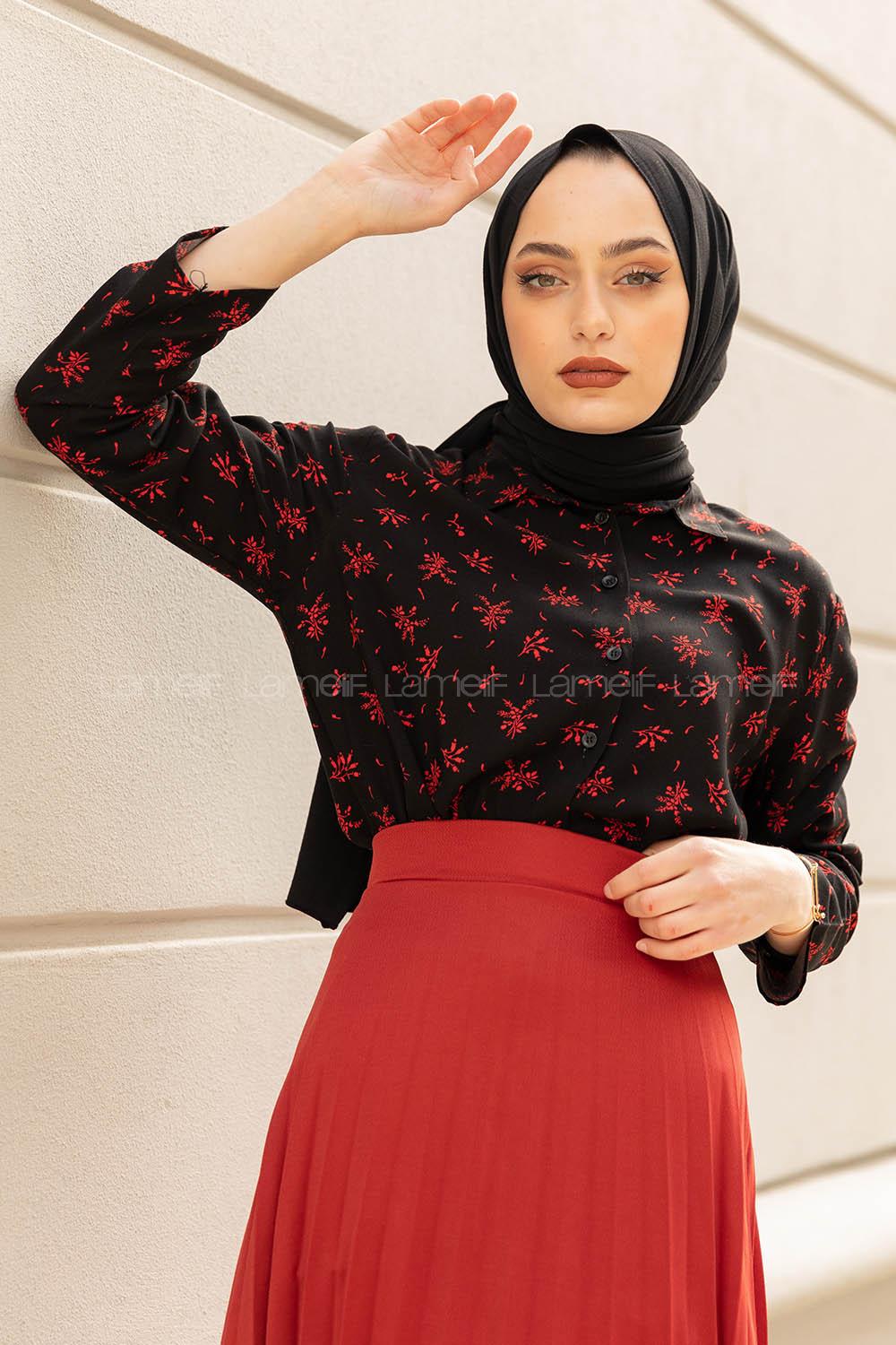 Modalamelif Yaprak Desen Gömlek Siyah