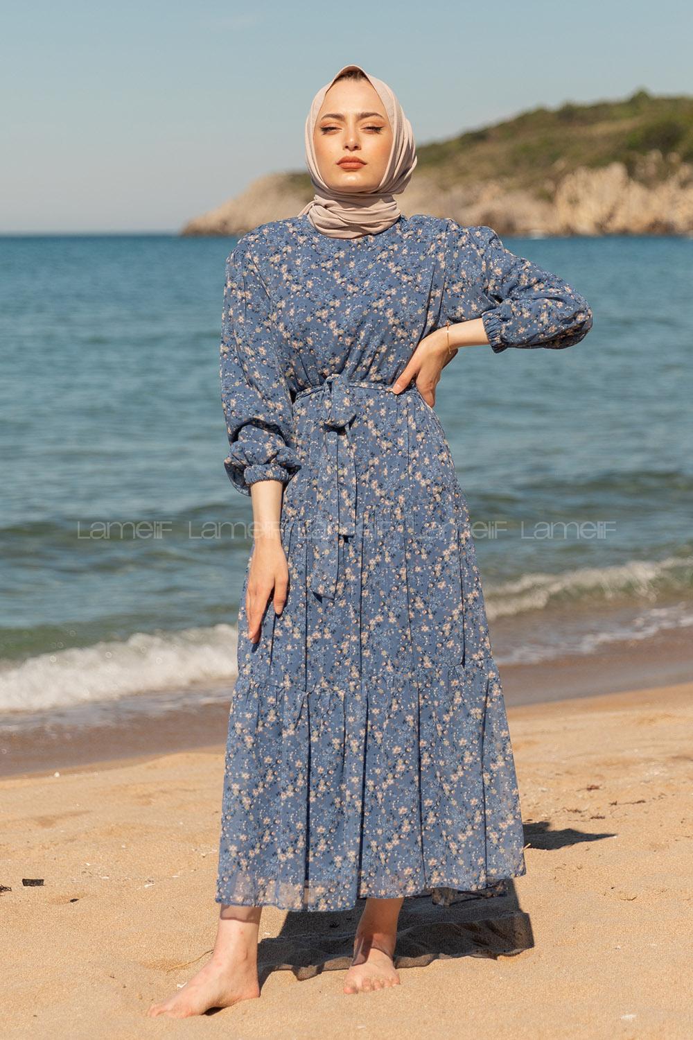 Modalamelif Çiçek Desen Fırfırli Elbise İndigo