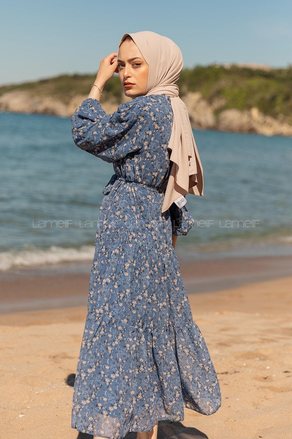 Modalamelif Çiçek Desen Fırfırli Elbise İndigo