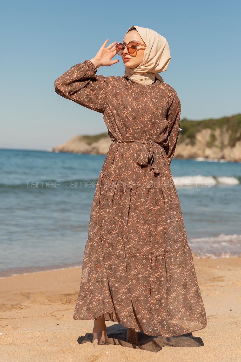 Modalamelif Çiçek Desen Fırfırli Elbise  Vizonrengi