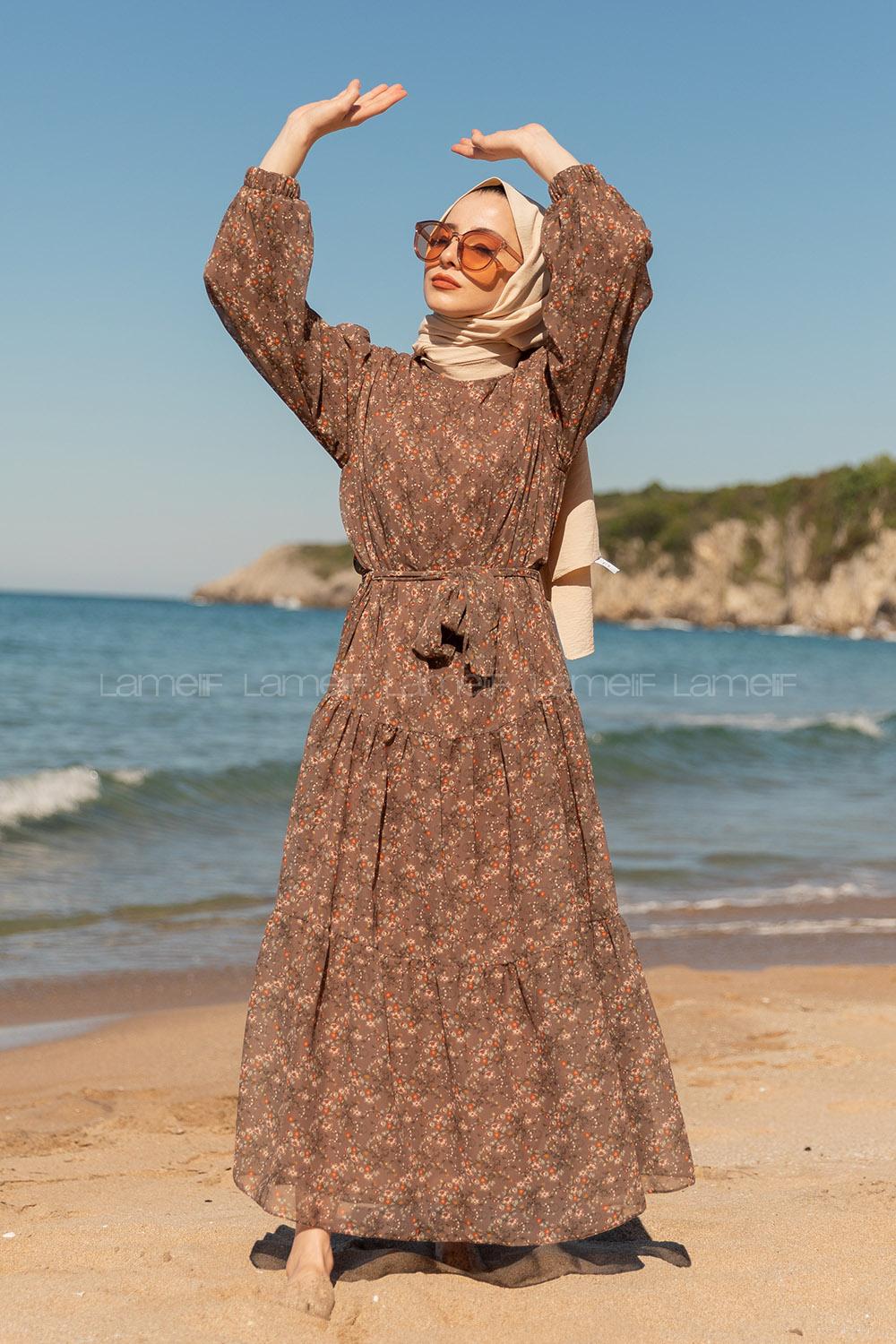 Modalamelif Çiçek Desen Fırfırli Elbise  Vizonrengi