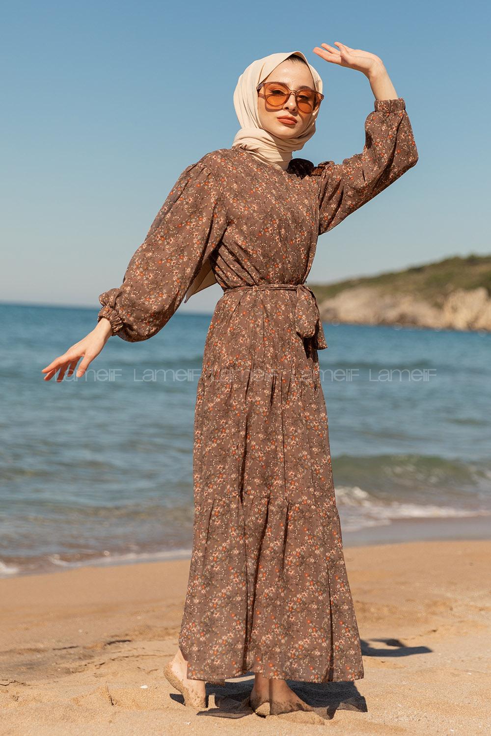 Modalamelif Çiçek Desen Fırfırli Elbise  Vizonrengi