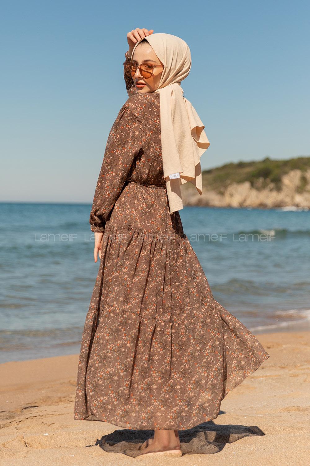 Modalamelif Çiçek Desen Fırfırli Elbise  Vizonrengi