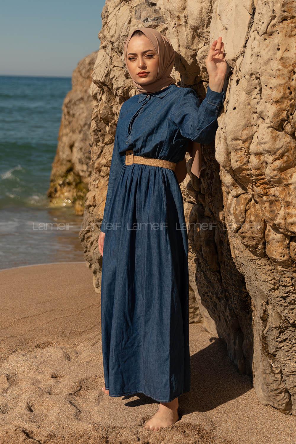 Modalamelif Hasır Kemerli Denim elbise Koyu Mavi