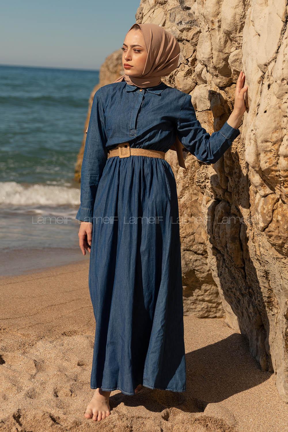 Modalamelif Hasır Kemerli Denim elbise Koyu Mavi