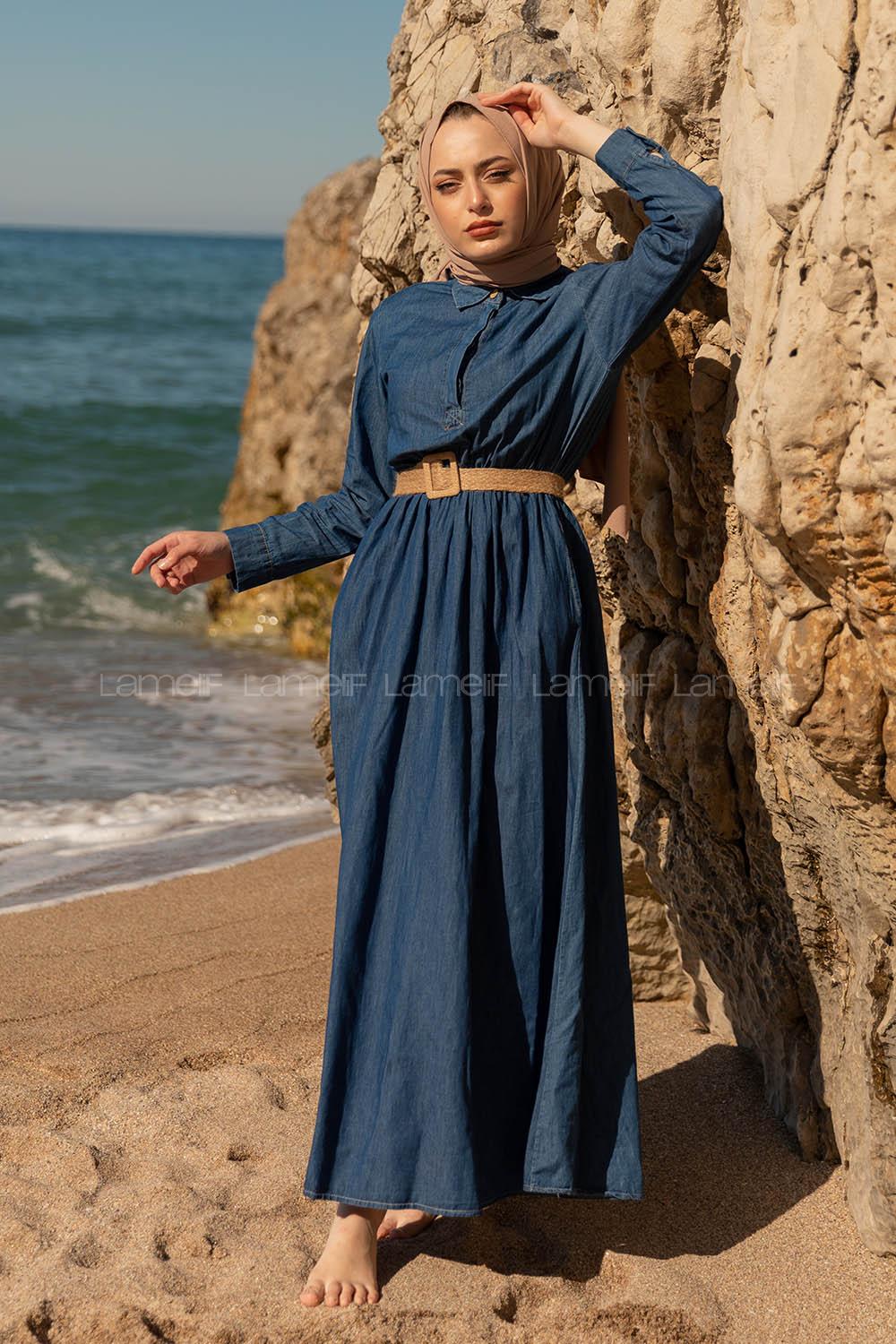 Modalamelif Hasır Kemerli Denim elbise Koyu Mavi