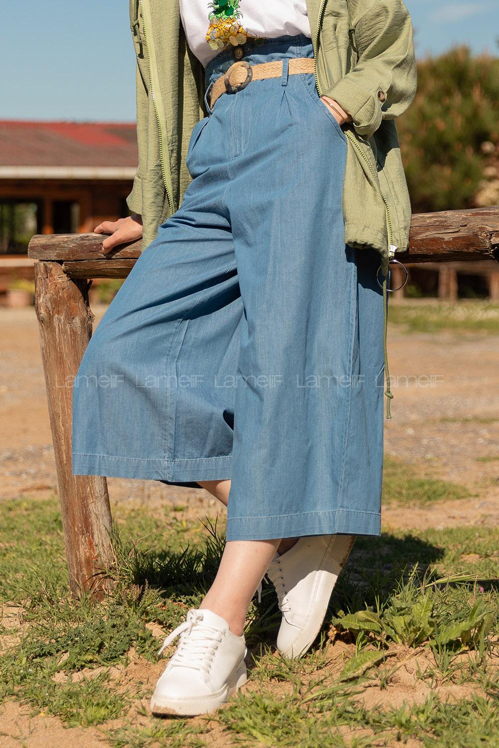 Modalamelif Hasır Kemerli Rahat Pantolon Mavi