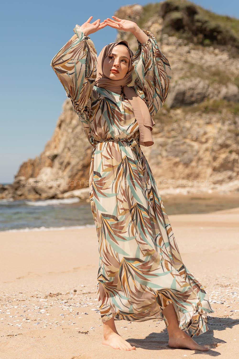 Modalamelif Kolu Piliseli Şifon Elbise Mint Yeşili